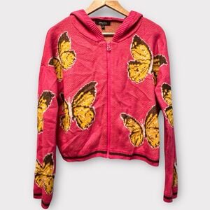 Witty Fox Pink Butterfly Knit Zip Up Hoodie‎ Sweater Womens Medium Graphic Pink